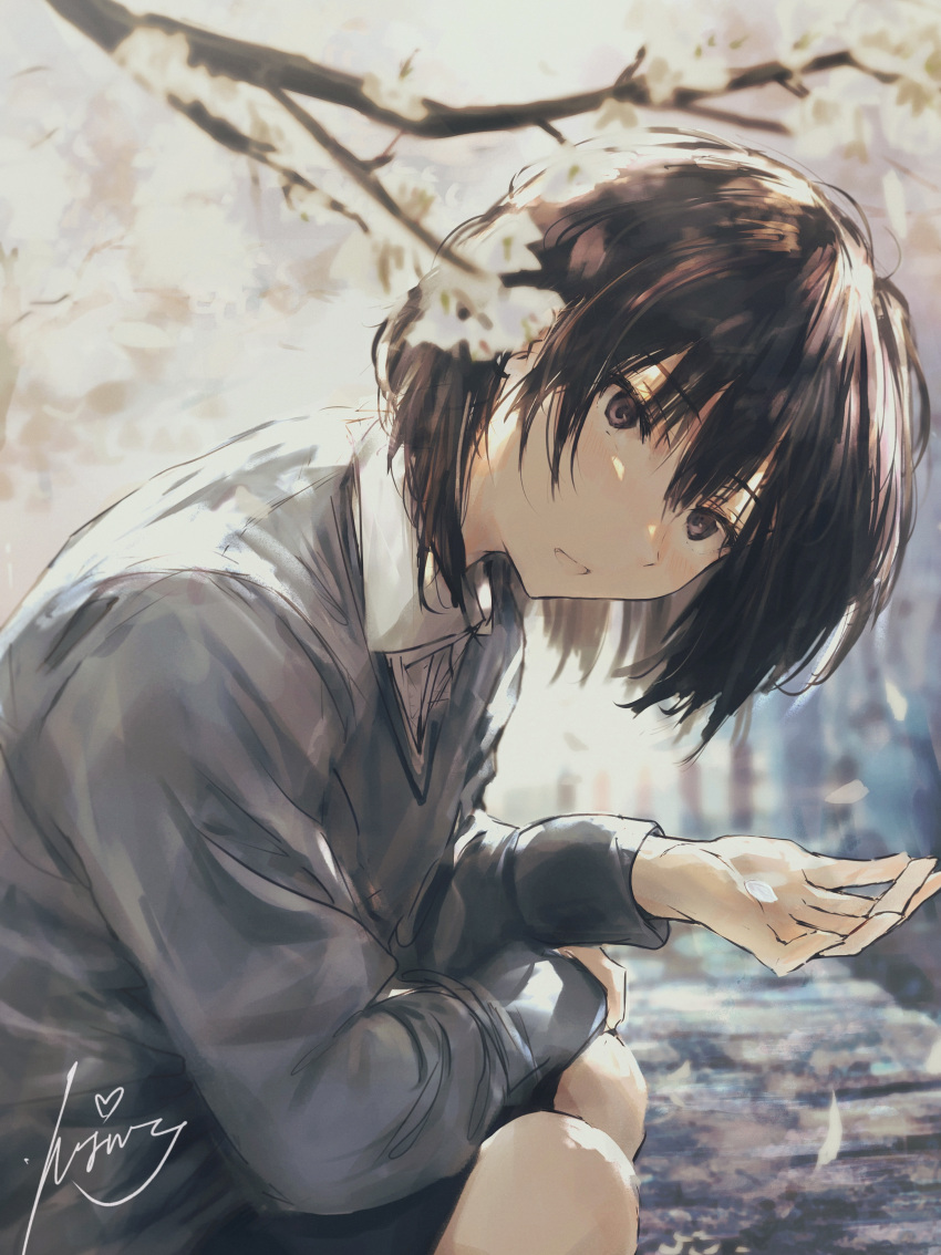 1girl absurdres amagami arm_on_knee artist_name black_hair black_skirt blurry blurry_background blush branch cherry_blossoms commentary depth_of_field dress_shirt falling_petals from_side grey_sweater hair_between_eyes head_down highres holding holding_petal kibito_high_school_uniform knees light_blush light_smile long_sleeves looking_at_viewer looking_to_the_side nanasaki_ai nose_blush outdoors outstretched_hand park parted_lips path petals school_uniform shirt short_hair signature skirt solo squatting sweater tenpanco tree white_shirt