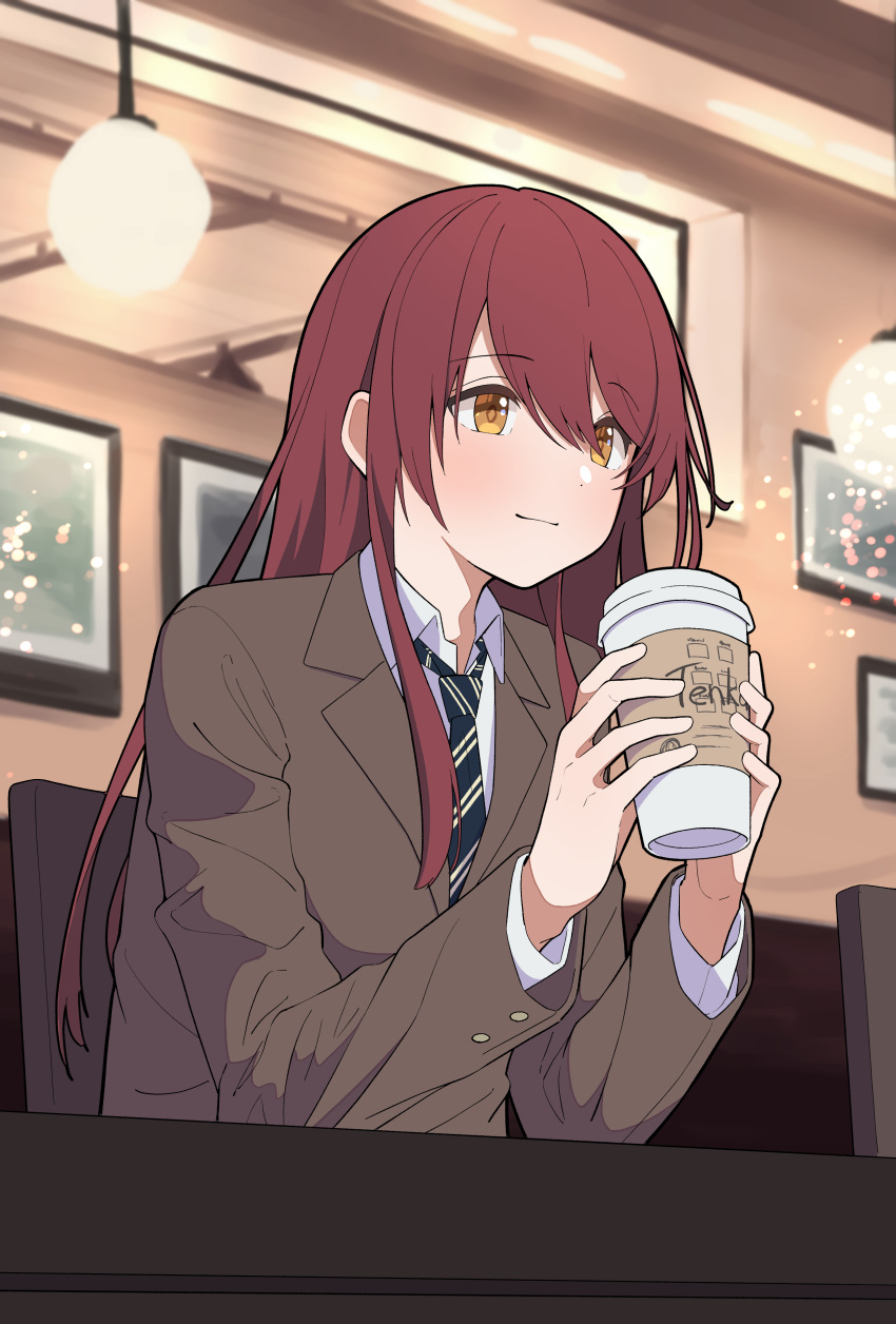 1girl absurdres blue_necktie blush brown_hair brown_jacket chair closed_mouth cup drinking_straw elbows_on_table hair_between_eyes hibiyairo highres holding holding_cup idolmaster idolmaster_shiny_colors indoors jacket lamp long_hair long_sleeves looking_at_another necktie osaki_tenka picture_(object) shirt sitting smile solo striped_necktie table white_shirt yellow_eyes