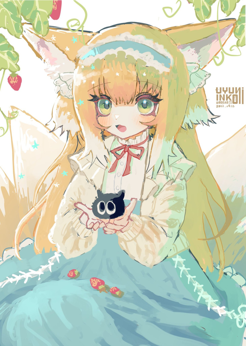 1girl animal_ear_fluff animal_ears arknights black_cat blonde_hair blue_hairband blue_skirt blush cardigan cat commentary creature food fox_ears fox_girl fox_tail frilled_hairband frills fruit green_eyes hair_ornament hair_scrunchie hairband heixiu highres holding holding_creature kitsune kyuubi long_hair long_sleeves looking_at_viewer multicolored_hair multiple_tails neck_ribbon official_alternate_costume open_cardigan open_clothes open_mouth puffy_long_sleeves puffy_sleeves red_ribbon ribbon scrunchie shirt skirt sleeve_cuffs solo stitches strawberry suzuran_(arknights) suzuran_(spring_praise)_(arknights) tail the_legend_of_luo_xiaohei two-tone_hair uyuni-piyo white_hair white_shirt yellow_cardigan