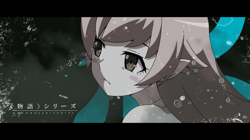1girl bare_shoulders black_border blonde_hair blush_stickers border closed_mouth clouds copyright_name dark_cloud expressionless from_side grey_eyes grey_sky grey_theme hair_between_eyes hair_flaps halterneck long_hair looking_to_the_side monogatari_(series) oshino_shinobu outdoors overcast pointy_ears portrait ringed_eyes shade sidelocks sky solo sonikkusupin stain