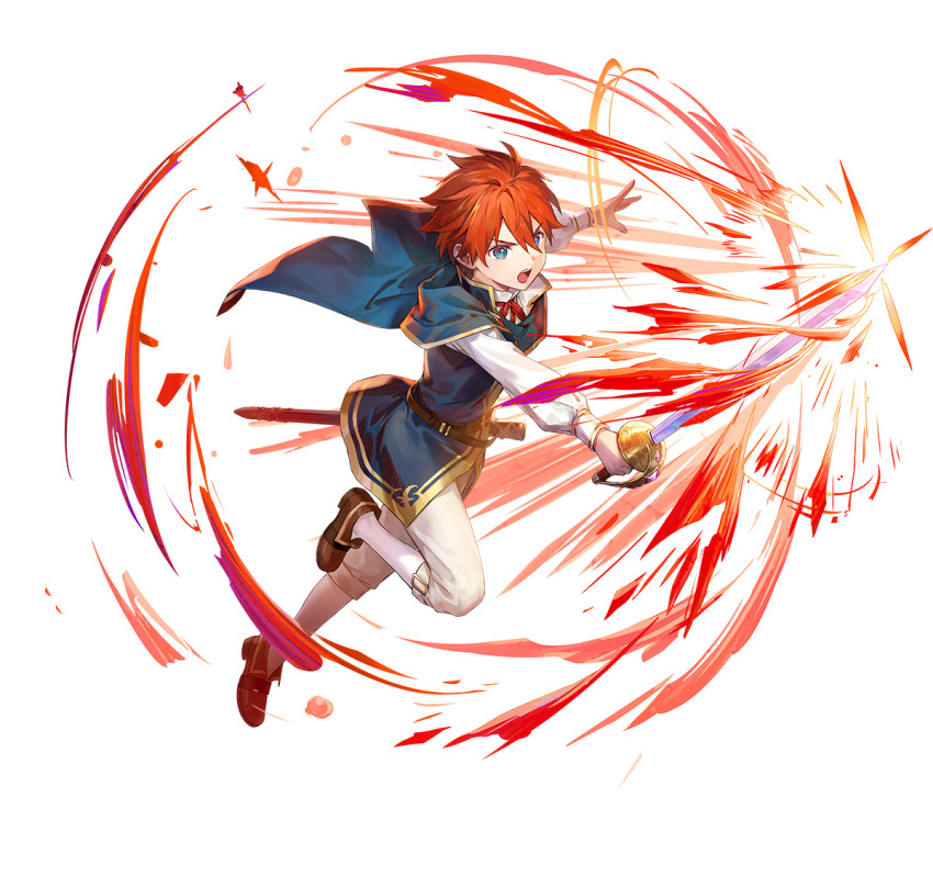 1boy aged_down blue_eyes brown_footwear capelet eliwood_(fire_emblem) fire_emblem fire_emblem:_the_blazing_blade fire_emblem_heroes holding holding_sword holding_weapon neck_ribbon official_alternate_costume official_art open_mouth red_capelet red_ribbon redhead ribbon sheath solo sword upper_body v-shaped_eyebrows weapon