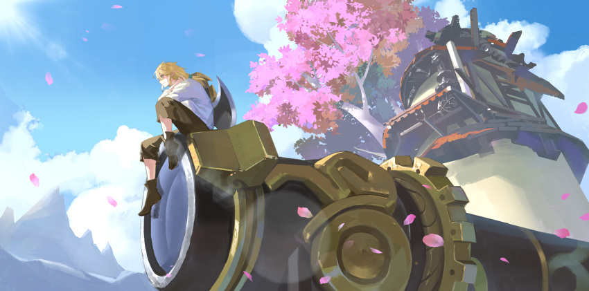 1boy absurdres blue_sky cherry_blossoms clouds highres light_brown_hair link ruoruoqiuu scenery shield_on_back short_ponytail sidelocks sitting sky solo the_legend_of_zelda the_legend_of_zelda:_breath_of_the_wild tree wide_shot