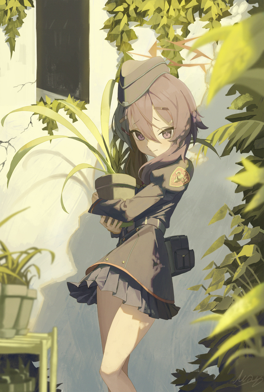 1girl bare_legs blue_archive closed_mouth feet_out_of_frame garrison_cap hair_between_eyes hair_ornament hairclip halo haruka_(blue_archive) hat highres holding_flower_pot juliet_sleeves long_bangs long_sleeves looking_at_viewer m.q_(mqkyrie) medium_hair overgrown plant pleated_skirt potted_plant puffy_sleeves purple_hair signature skirt solo violet_eyes