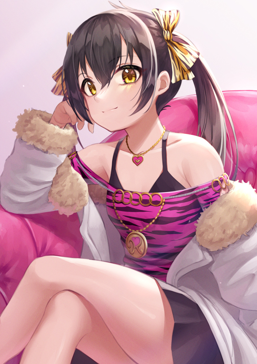 1girl absurdres animal_print black_hair commentary_request couch crossed_legs feet_out_of_frame fur-trimmed_jacket fur_trim hair_between_eyes hair_ribbon head_rest heart heart_necklace highres idolmaster idolmaster_cinderella_girls jacket jewelry leopard_print long_hair looking_at_viewer matoba_risa necklace off-shoulder_shirt off_shoulder open_clothes open_jacket print_ribbon ribbon shirt sitting skirt smile solo tsunenorip twintails yellow_eyes