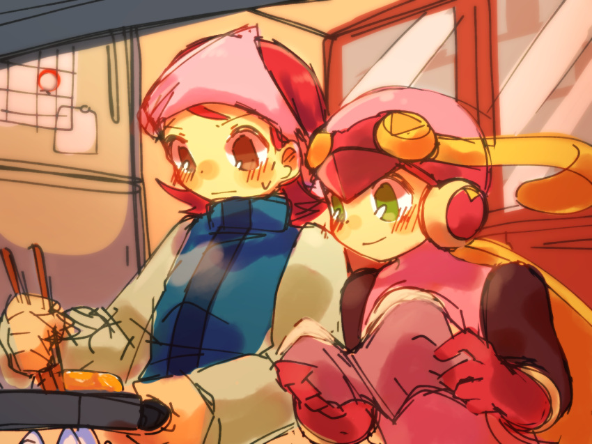 2girls black_bodysuit blue_jacket blue_shirt bodysuit book brown_eyes chopsticks closed_mouth commentary_request gloves helmet holding holding_book holding_chopsticks jacket leotard long_hair mayl_sakurai_(mega_man) medium_hair mega_man_(series) mega_man_battle_network_(series) multiple_girls pink_helmet pink_leotard red_gloves red_hair ritomasu_(crsk4373) roll.exe_(mega_man) shirt smile very_long_hair