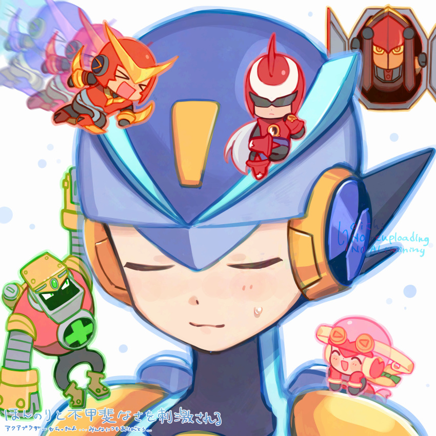 1girl 4boys absurdres blue_helmet bodysuit chibi commentary_request gateman.exe green_eyes gutsman.exe helmet highres male_focus mega_man_(series) mega_man_battle_network_(series) mega_man_battle_network_2 megaman.exe multiple_boys netnavi oichi_45 pink_helmet quickman.exe roll.exe_(mega_man) short_hair sweatdrop