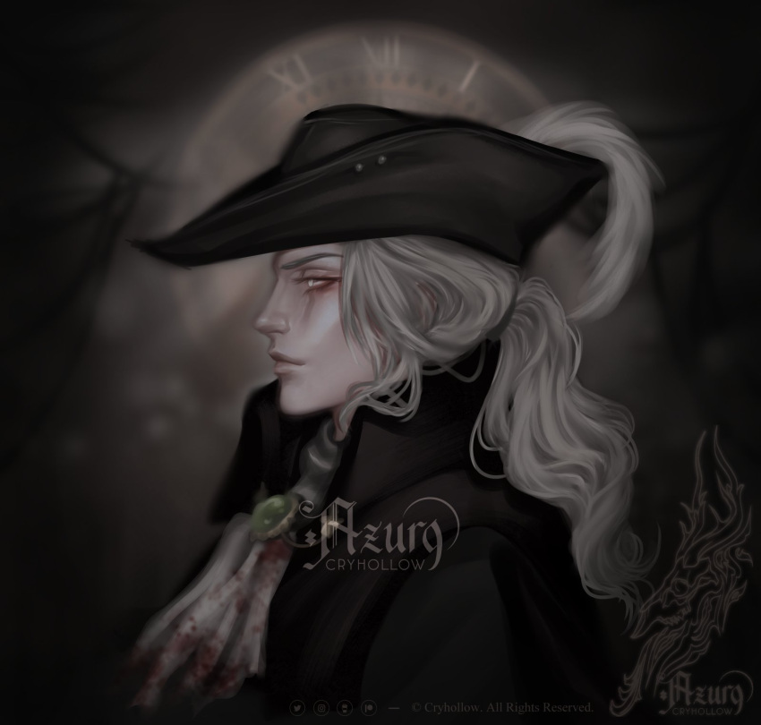 1girl ascot blood blood_on_clothes blood_stain bloodborne coat cryhollow gem green_gemstone hat hat_feather highres lady_maria_of_the_astral_clocktower long_hair looking_to_the_side ponytail simple_background solo tricorne white_eyes white_hair