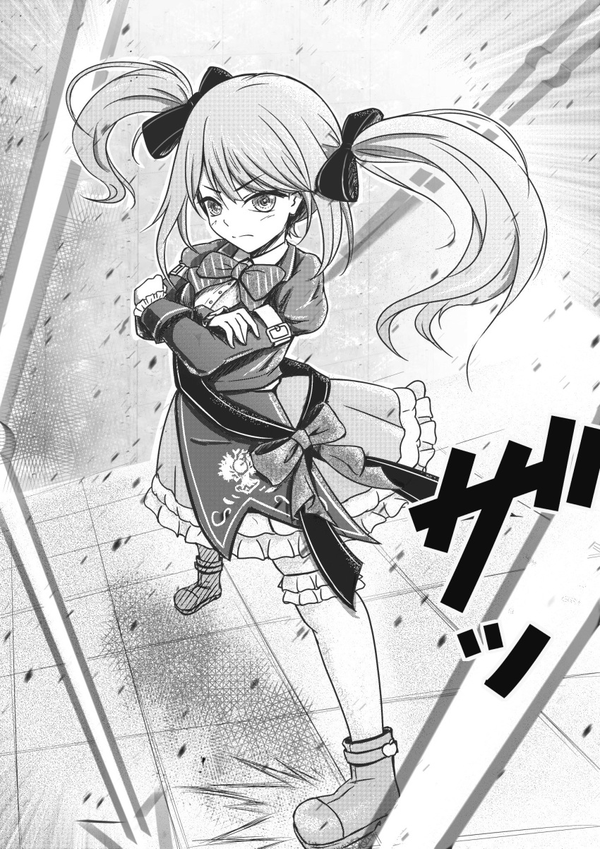 1girl ankle_boots arm_belt assault_lily boots bow bowtie breasts buttons closed_mouth collared_shirt commentary_request crossed_arms debris diagonal-striped_bowtie emblem floating_hair frilled_skirt frilled_sleeves frilled_thighhighs frills full_body greyscale hair_between_eyes hair_ribbon hands_up highres indoors jacket juliet_sleeves legs_apart light_blush long_hair long_sleeves looking_away miniskirt monochrome official_alternate_costume pleated_skirt puffy_sleeves ribbon sadamori_himeka sash shirt shoulder_sash skirt solo standing thigh-highs tile_floor tiles v-shaped_eyebrows yajiuma_no_jesse
