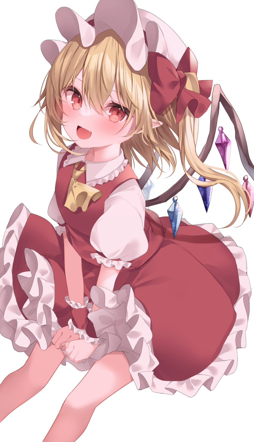 1girl :d ascot bow commentary crystal flandre_scarlet frilled_skirt frills hat hat_bow highres looking_at_viewer marurupan medium_hair mob_cap open_mouth pointy_ears red_bow red_eyes red_skirt red_vest shirt short_sleeves simple_background skirt smile solo touhou vest white_background white_headwear white_shirt wings wrist_cuffs yellow_ascot