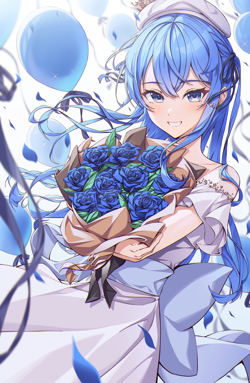 1girl absurdres balloon beret blue_flower blue_hair blue_ribbon blue_rose blurry blush bouquet commentary_request crown depth_of_field dress flower hair_between_eyes hair_ornament hair_ribbon hat highres holding holding_bouquet hololive hoshimachi_suisei long_hair looking_at_viewer mini_crown open_mouth petals ribbon rose smile solo virtual_youtuber white_dress yozora_(1wkdgusdn)