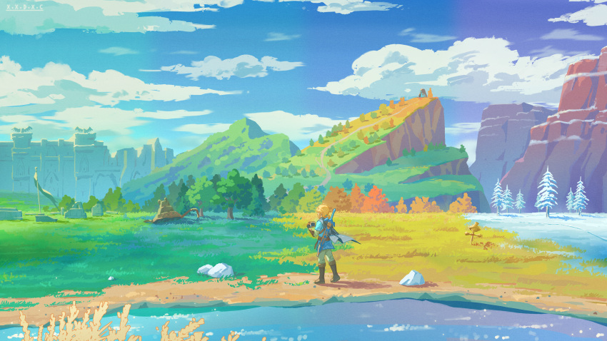 absurdres blue_tunic clouds highres hill link mountain nature scenery sheikah_slate sky snow sword sword_on_back the_legend_of_zelda the_legend_of_zelda:_breath_of_the_wild tree water weapon weapon_on_back wide_shot x.x.d.x.c