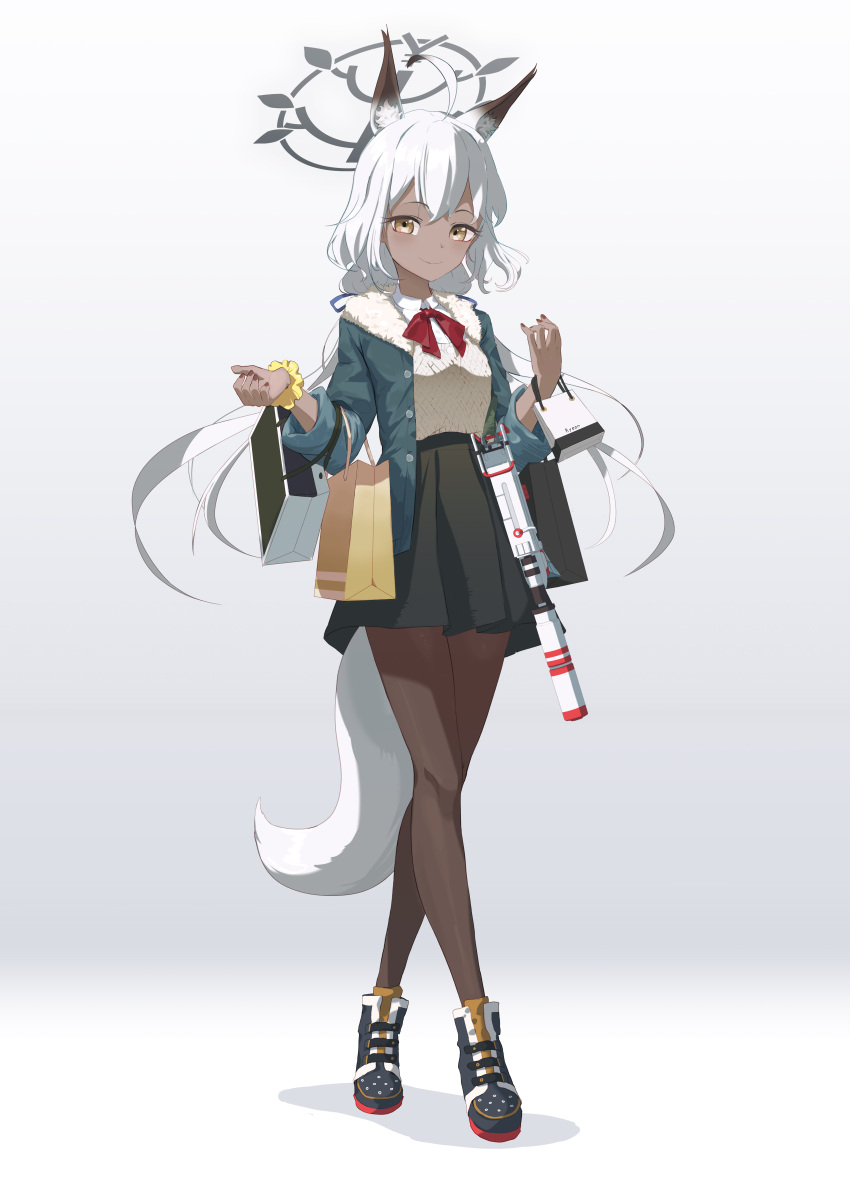 1girl absurdres ahoge animal_ear_fluff animal_ears bag black_pantyhose black_skirt blue_archive blue_jacket bow bowtie breasts brown_eyes brown_nails closed_mouth collared_shirt dark-skinned_female dark_skin dated_commentary fox_ears fox_girl fox_tail full_body fur-trimmed_jacket fur_trim gradient_background grey_background halo hand_up highres jacket light_smile long_hair looking_at_viewer nail_polish object_request original pantyhose red_bow red_bowtie ryeon_(bluetom1) scrunchie shadow shirt shirt_tucked_in shopping_bag skirt small_breasts solo standing tail white_hair white_shirt wrist_scrunchie yellow_scrunchie yen_sign