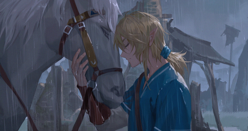 1boy absurdres blue_tunic closed_eyes clouds cloudy_sky highres horse light_brown_hair link medium_hair pointy_ears rain ruins ruoruoqiuu short_ponytail sidelocks sky solo the_legend_of_zelda the_legend_of_zelda:_breath_of_the_wild