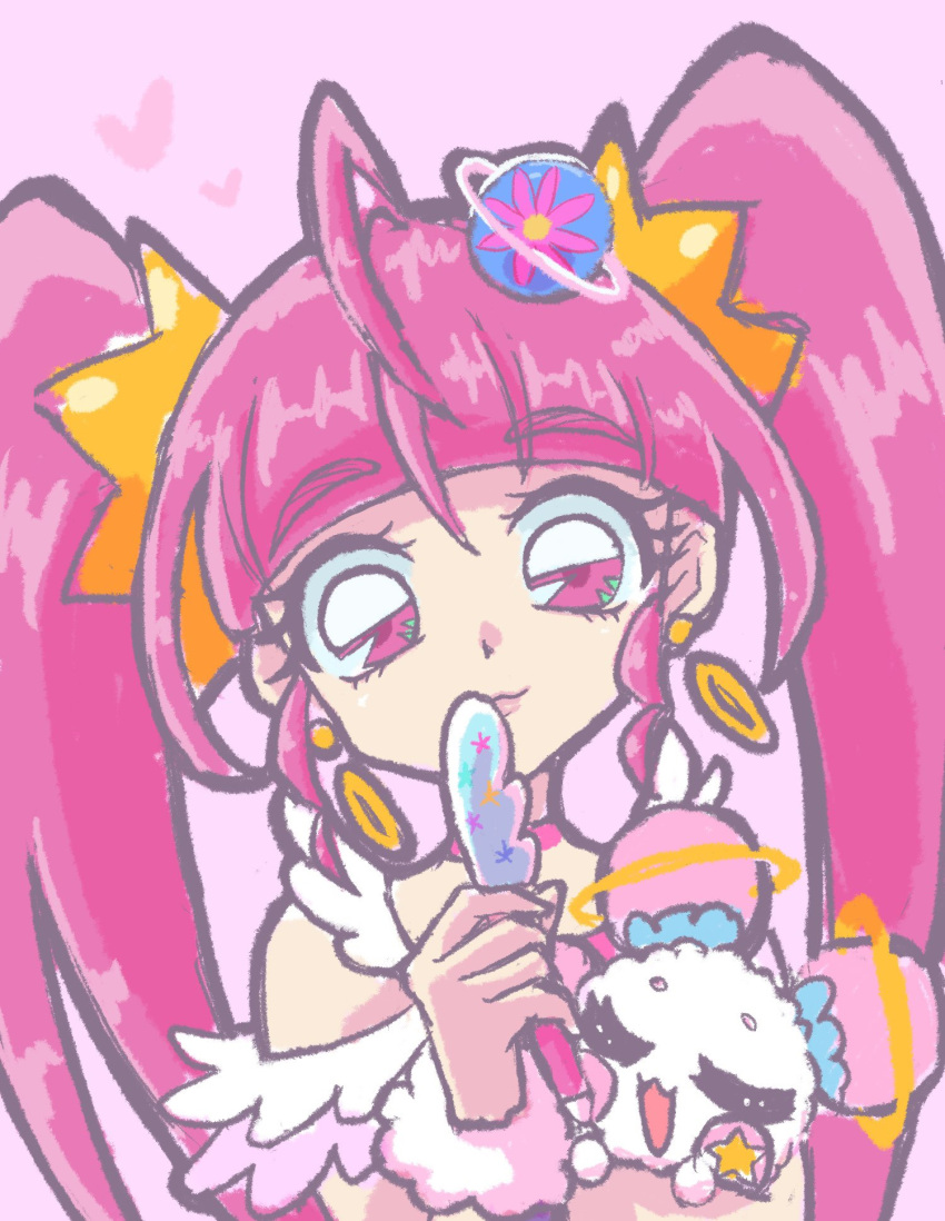 1girl ahoge blunt_bangs choker closed_mouth cure_star earrings fur_cuffs fuwa_(precure) heart highres holding holding_pen hoop_earrings hoshina_hikaru jewelry long_hair looking_at_viewer magical_girl otannu_(bkdenta) pen pink_choker pink_eyes pink_hair planet_hair_ornament precure smile star_color_pen star_twinkle_precure twintails upper_body very_long_hair wrist_cuffs