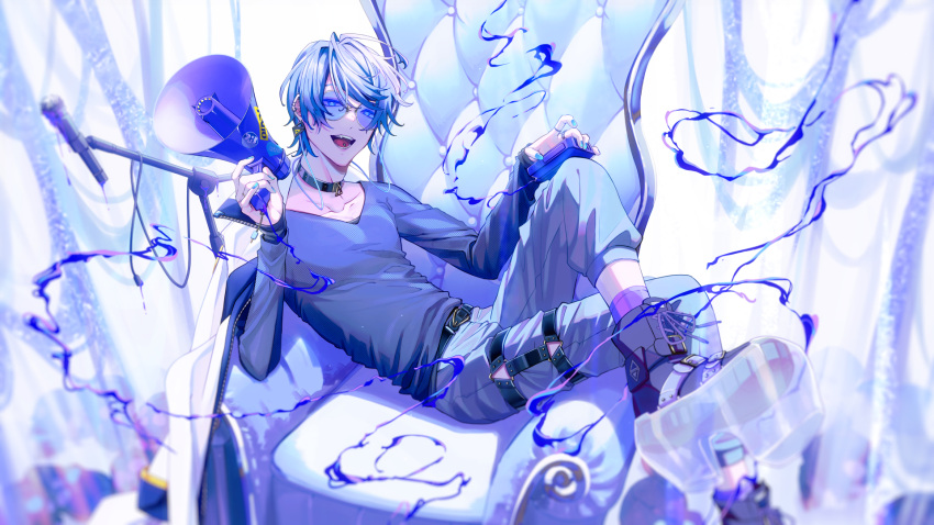 1boy belt black_choker blue_eyes blue_hair ch4nge_(cevio) chair choker collarbone crossed_legs earrings fang hair_between_eyes highres holding holding_megaphone jewelry kaito_(vocaloid) liquid long_sleeves looking_at_viewer male_focus megaphone microphone microphone_stand nail_polish nokuhashi on_chair open_mouth pants piercing shirt short_hair sitting solo strap sunglasses teeth tongue tongue_piercing vocaloid