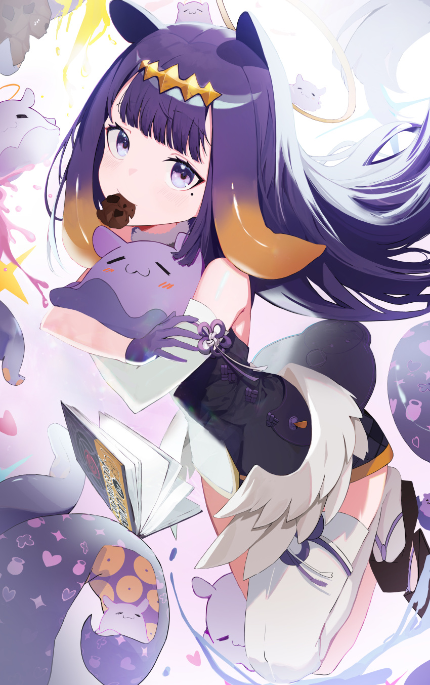 1girl :3 =_= absurdres bare_shoulders blunt_bangs blush book cookie detached_sleeves food gloves highres hololive hololive_english long_hair looking_at_viewer mole mole_under_eye mouth_hold multicolored_hair n8_(buse1601) ninomae_ina'nis open_book orange_hair purple_gloves purple_hair single_detached_sleeve single_thighhigh solo thigh-highs virtual_youtuber white_sleeves white_thighhighs