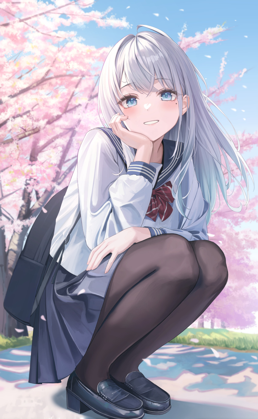1girl absurdres arm_support bag black_bag black_collar black_footwear black_pantyhose blue_eyes blue_hair blue_skirt bow bowtie cherry_blossoms collar day falling_petals fujizarashi full_body gradient_hair hand_on_own_thigh highres light_blue_hair loafers long_hair long_sleeves looking_away mole mole_under_eye multicolored_hair open_mouth original outdoors pantyhose petals pleated_skirt sailor_collar school_bag school_uniform shirt shoes skirt sky sleeve_cuffs smile solo squatting thighs white_hair white_shirt