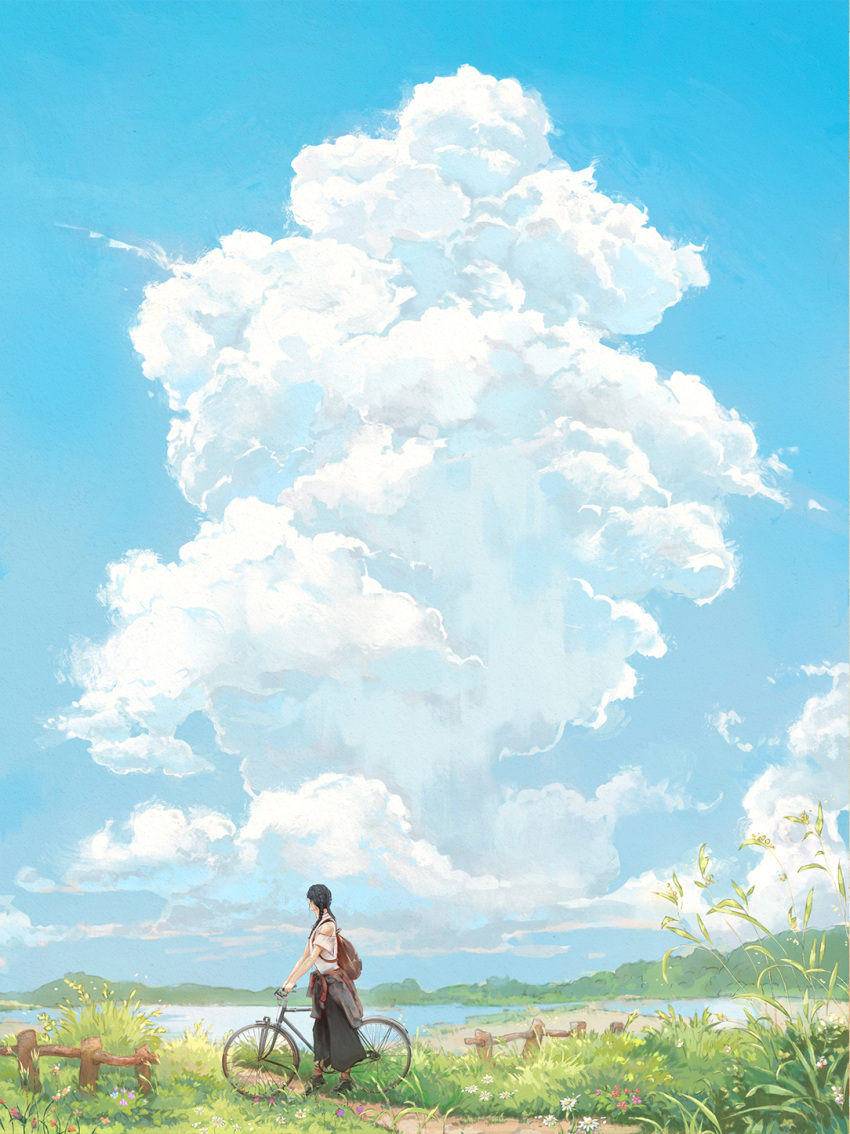 1girl backpack bag baggy_pants bicycle black_hair black_pants blue_sky braid clouds daisy day fence flower grass ground_vehicle highres original outdoors pants sarah_buchholz shirt sky solo twin_braids water white_flower white_shirt