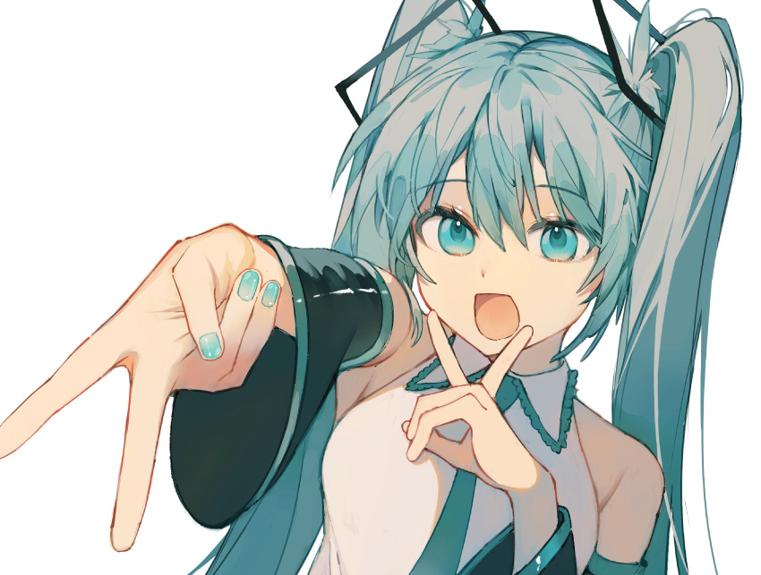1girl absurdres arm_up bare_shoulders blue_eyes blue_hair blue_nails blue_necktie breasts collared_shirt deep_(deep4946) detached_sleeves fingernails hair_between_eyes hair_ornament hands_up hatsune_miku highres long_hair long_sleeves looking_at_viewer medium_breasts nail_polish necktie open_mouth shirt sidelocks simple_background smile solo tongue twintails upper_body v vocaloid white_background white_shirt wide_sleeves