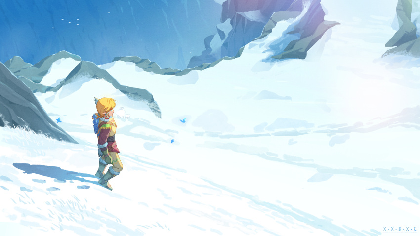 absurdres commentary highres light_brown_hair link nature scenery shadow short_ponytail sidelocks snow snowquill_set_(zelda) sword sword_on_back the_legend_of_zelda the_legend_of_zelda:_breath_of_the_wild weapon weapon_on_back wide_shot winter_clothes x.x.d.x.c