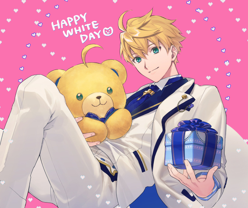 1boy arthur_pendragon_(fate) arthur_pendragon_(white_rose)_(fate) blonde_hair blue_necktie box closed_mouth commentary_request english_text fate/grand_order fate_(series) formal gift gift_box green_eyes hair_between_eyes heart highres holding holding_box jacket long_sleeves looking_at_viewer male_focus nakahara_(mu_tation) necktie open_clothes open_jacket pants pink_background short_hair solo stuffed_animal stuffed_toy suit suit_jacket teddy_bear vest white_day white_pants white_suit white_vest