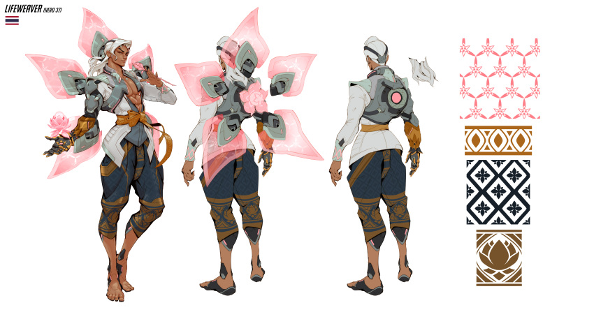 1boy abs absurdres barefoot character_name concept_art dark_skin english_text feet flower full_body highres incredibly_absurdres jacket lifeweaver_(overwatch) long_hair long_sleeves official_art open_clothes open_hand open_jacket overwatch overwatch_2 pectorals pink_flower raised_eyebrows standing thai_flag toes white_background white_hair white_sleeves
