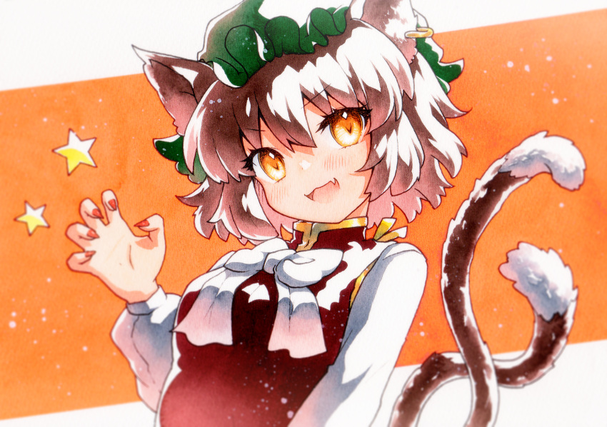 1girl :d animal_ears bow bowtie brown_hair cat_ears cat_girl cat_tail chen claw_pose commentary_request earrings fang green_headwear hand_up hat highres jewelry long_sleeves looking_at_viewer medium_hair mob_cap multiple_tails open_mouth orange_eyes qqqrinkappp red_nails red_vest shirt skin_fang smile solo star_(symbol) tail touhou traditional_media two_tails upper_body vest white_bow white_bowtie white_shirt