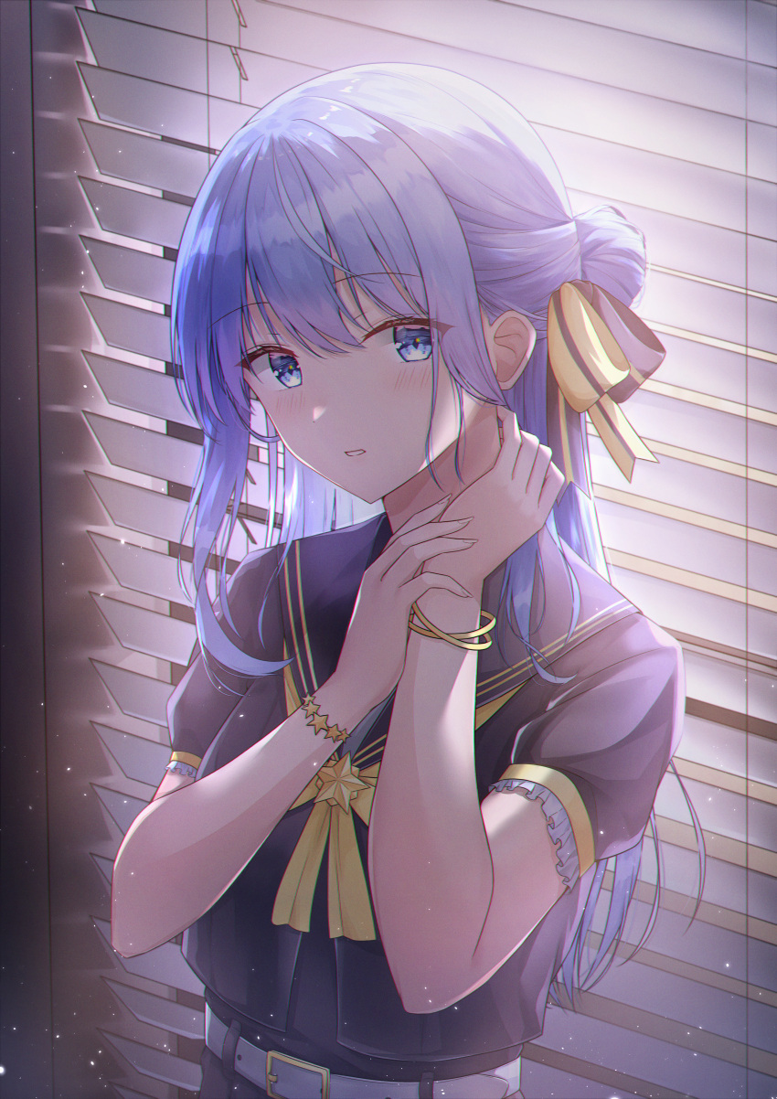 1girl absurdres belt black_sailor_collar black_serafuku black_shirt blinds blue_eyes blue_hair blush bow bowtie bracelet commentary frilled_sleeves frills grey_belt hair_bun half_updo hand_on_own_neck hand_up highres hololive hoshimachi_suisei indoors jewelry long_hair looking_at_viewer multiple_bracelets official_alternate_costume official_alternate_hair_length official_alternate_hairstyle parted_lips puffy_short_sleeves puffy_sleeves revision rieatco sailor_collar school_uniform serafuku shirt short_sleeves sidelocks single_side_bun solo star_(symbol) star_in_eye symbol-only_commentary symbol_in_eye virtual_youtuber yellow_bow yellow_bowtie