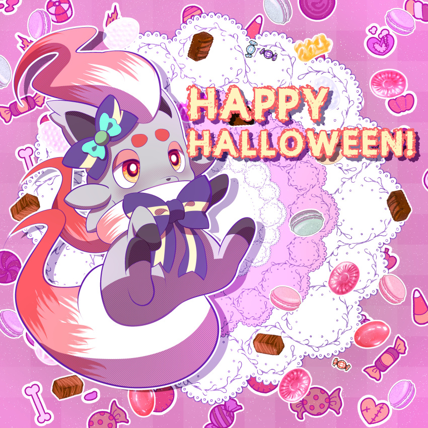 1other absurdres blue_ribbon blueberryblanket clothed_pokemon english_commentary food halloween highres hisuian_zoroark no_humans pink_background pokemon pokemon_(creature) purple_ribbon ribbon simple_background sweets zorua