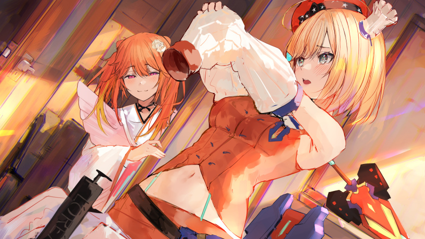 2girls belt beret blonde_hair blue_eyes blush chef_hat cosplay detached_sleeves flower hair_flower hair_ornament halo hat highres hololive hololive_english japanese_clothes jenma-chan midriff multiple_girls multiple_hats naokomama navel official_alternate_costume open_mouth orange_hair short_hair sketch smirk sword takanashi_kiara takanashi_kiara_(cosplay) twintails violet_eyes virtual_youtuber weapon