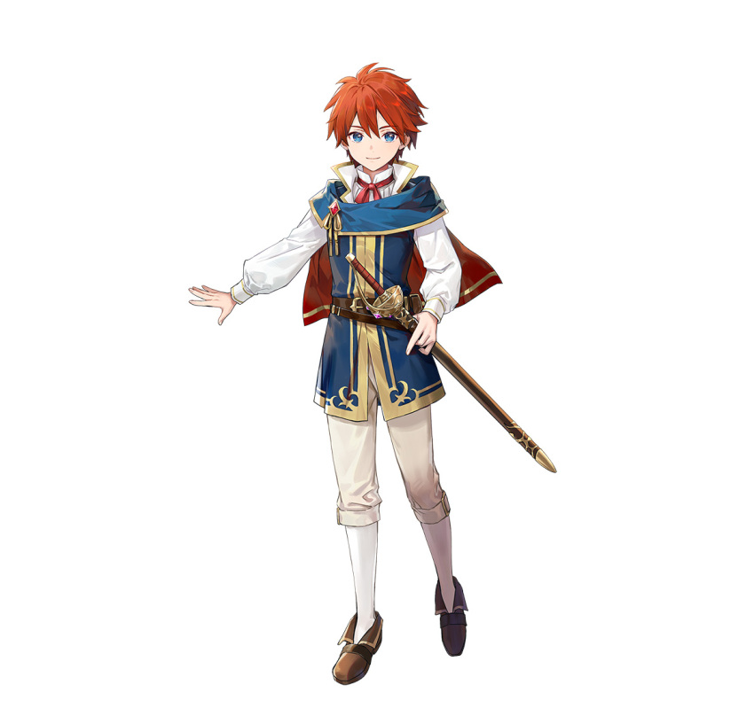 1boy aged_down blue_eyes brown_footwear capelet eliwood_(fire_emblem) fire_emblem fire_emblem:_the_blazing_blade fire_emblem_heroes holding holding_sword holding_weapon looking_at_viewer neck_ribbon official_alternate_costume official_art red_capelet red_ribbon redhead ribbon sheath smile solo sword weapon