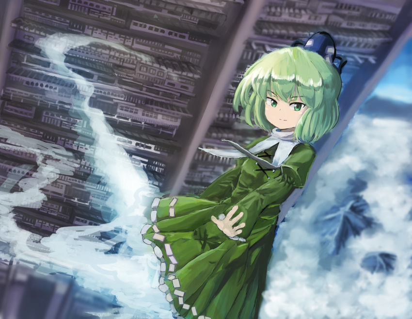 1girl black_headwear breasts closed_mouth clouds commentary_request cross-laced_clothes divine_spirit_mausoleum dress full_body ghost_tail green_dress green_eyes green_hair hat highres juliet_sleeves long_sleeves looking_at_viewer medium_bangs ofuda ofuda_on_clothes puffy_sleeves sensi_tobikage short_hair small_breasts smile soga_no_tojiko solo tate_eboshi touhou