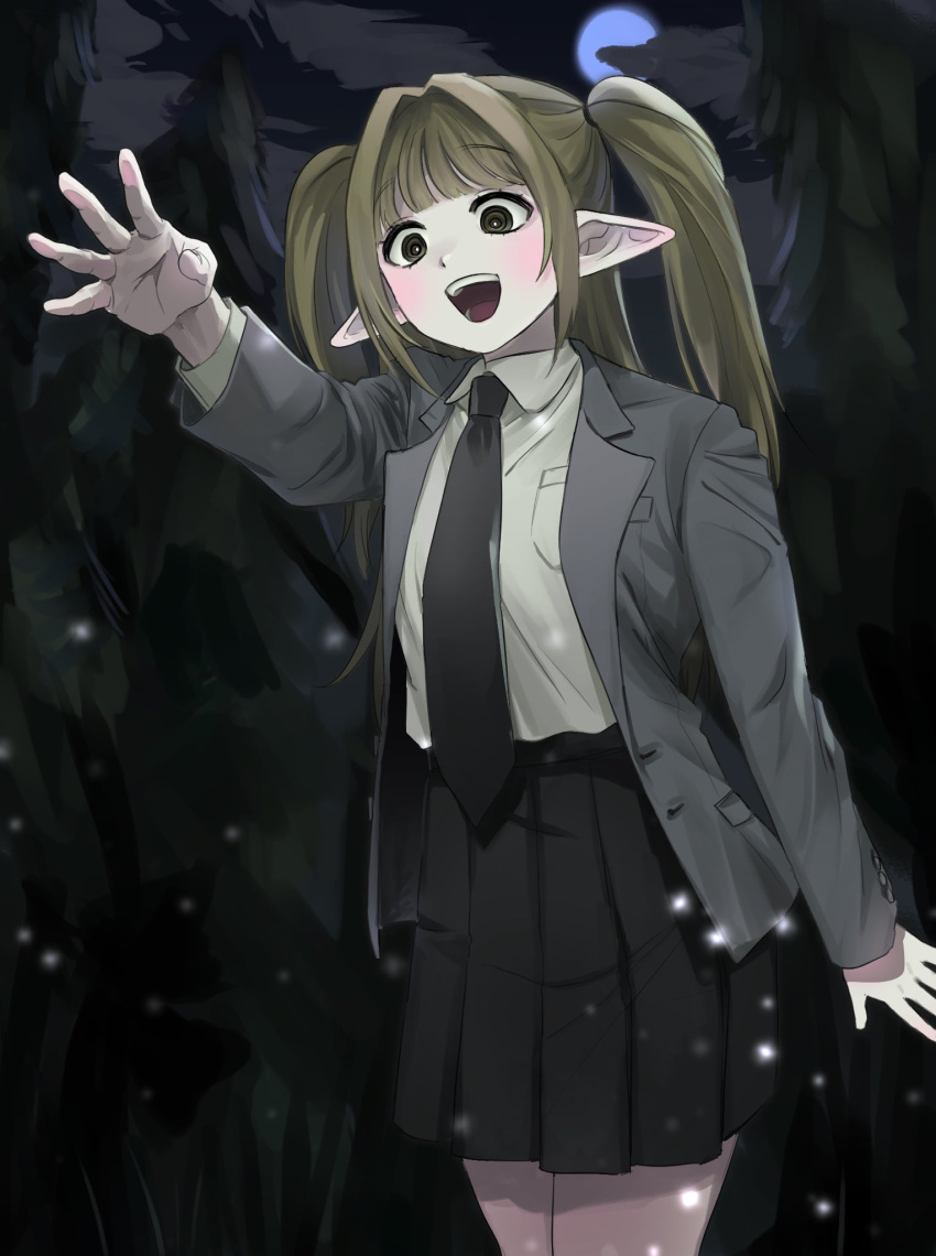 100_(hundredwell) 1girl :d black_necktie black_skirt blonde_hair blunt_bangs breast_pocket bright_pupils buttons clouds collared_shirt commentary full_moon green_eyes hair_intakes high-waist_skirt highres jacket long_hair long_sleeves miniskirt moon necktie night night_sky open_clothes open_jacket open_mouth original outdoors outstretched_arm pine_tree pleated_skirt pocket pointy_ears ringed_eyes shirt skirt sky smile solo standing symbol-only_commentary teeth tree two_side_up unbuttoned white_pupils white_shirt