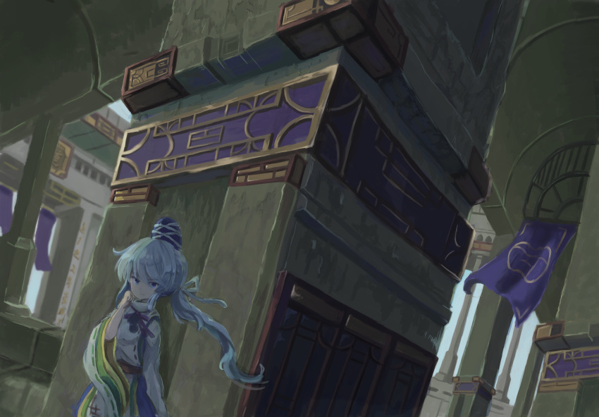 1girl architecture banner blue_eyes blue_headwear blue_skirt building closed_mouth commentary_request cowboy_shot east_asian_architecture grey_hair hair_between_eyes hat highres indoors japanese_clothes kariginu long_bangs long_hair long_sleeves looking_at_viewer mononobe_no_futo neck_ribbon pom_pom_(clothes) ponytail purple_ribbon ribbon ribbon-trimmed_sleeves ribbon_trim sensi_tobikage skirt smile solo tate_eboshi touhou very_long_hair wide_shot wide_sleeves