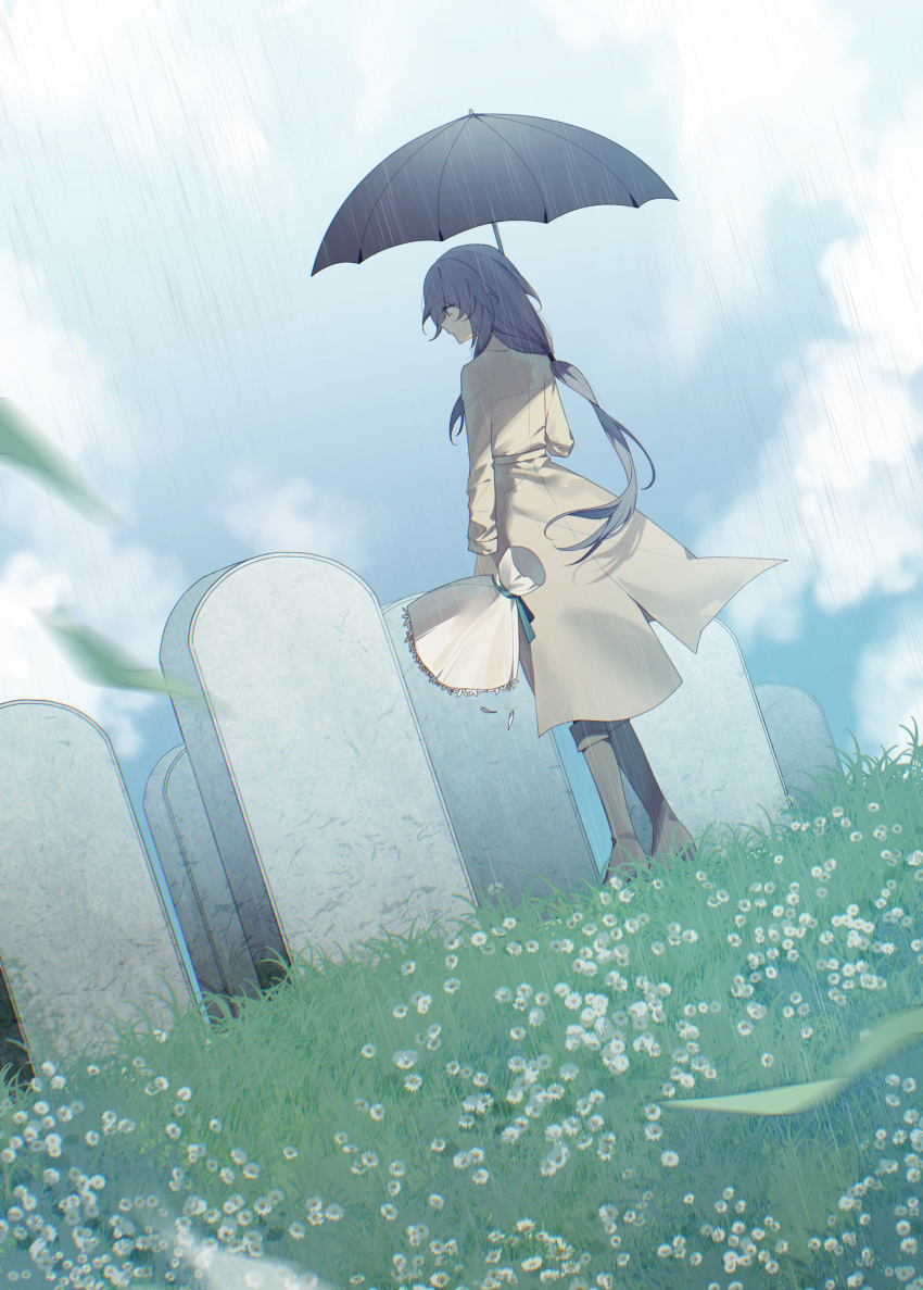 1girl absurdres alternate_costume ankle_boots boots bouquet closed_mouth clouds cloudy_sky coat commentary flower fu_hua full_body grass graveyard highres holding holding_bouquet holding_umbrella honkai_(series) honkai_impact_3rd long_hair long_sleeves rain saya_atang sky solo standing tombstone umbrella very_long_hair white_flower