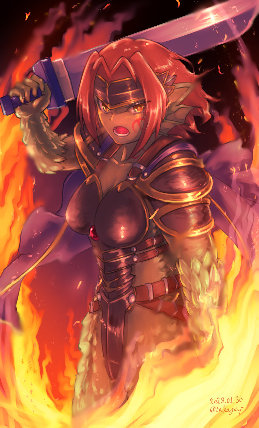 1girl absurdres armor breasts cape cowboy_shot dragon_girl fire granberia highres holding holding_sword holding_weapon mon-musu_quest! monster_girl open_mouth redhead scales shoulder_armor solo standing sword to_kage_p weapon