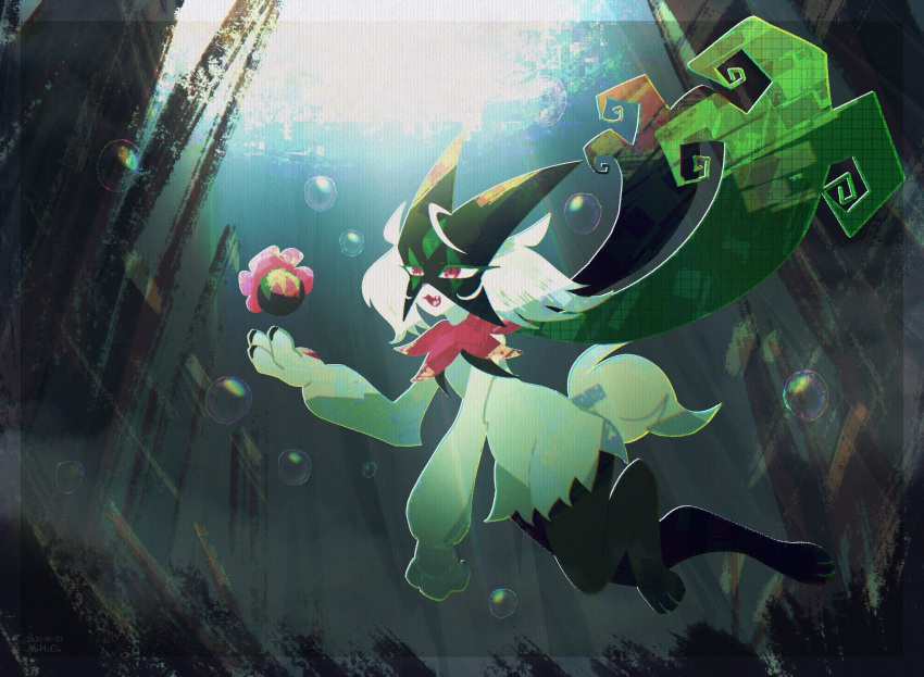 1other animal_hands black_fur bubble cape full_body furry green_fur green_hair half-closed_eyes highres looking_at_object mask meowscarada mr_h202 open_mouth other_focus pawpads pink_eyes pokemon pokemon_(creature) short_hair short_tail simple_background solo tail two-tone_fur