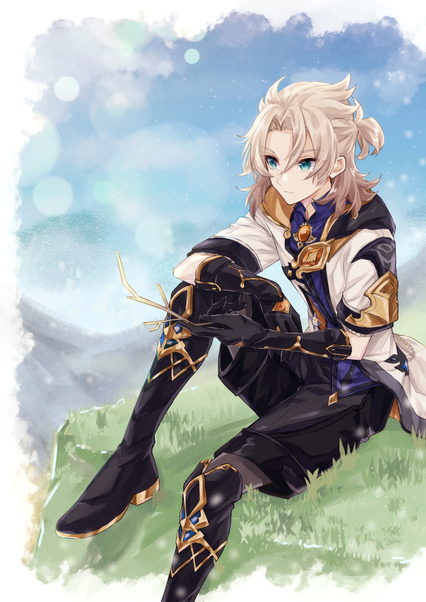 1boy absurdres albedo_(genshin_impact) aqua_eyes black_footwear black_gloves black_pants blue_shirt blue_sky boots border branch closed_mouth clouds cloudy_sky day gem genshin_impact gloves gold_trim grass hair_between_eyes hands_up highres holding holding_branch hood hoodie light_brown_hair looking_to_the_side male_focus mandarin_collar mizuamememe mountain open_clothes open_hoodie orange_gemstone outdoors outside_border pants scar scar_on_neck shirt short_hair short_sleeves sitting sky solo v-shaped_eyebrows vision_(genshin_impact) white_border white_hoodie