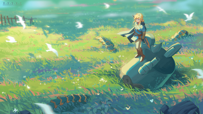 absurdres bird blue_eyes blue_tunic boots fence grass guardian_(breath_of_the_wild) highres leather leather_boots light_brown_hair link meadow nature scenery short_ponytail sidelocks sword sword_on_back the_legend_of_zelda the_legend_of_zelda:_breath_of_the_wild weapon weapon_on_back white_bird wide_shot x.x.d.x.c