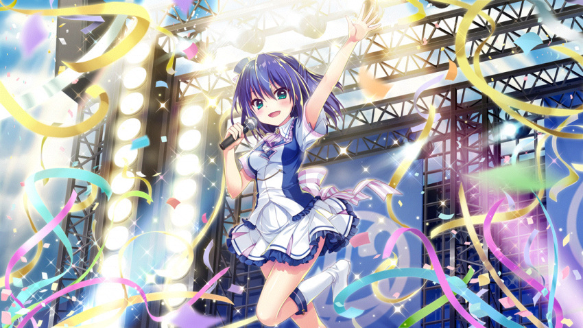 1girl aqua_eyes arm_up ascot back_bow blue_dress blue_hair blue_headwear boots bow breasts colored_lights concert confetti dress film_grain frilled_skirt frills game_cg glint hat holding holding_microphone honjou_kasumi idol idol_clothes izumi_tsubasu medium_breasts medium_hair microphone mini_hat multicolored_clothes multicolored_dress non-web_source official_art open_mouth purple_ascot purple_stripes rafters re:stage! screen short_sleeves skirt smile solo sparkle stage stage_lights standing standing_on_one_leg streamers striped striped_bow tilted_headwear waist_bow white_dress white_footwear white_skirt white_stripes