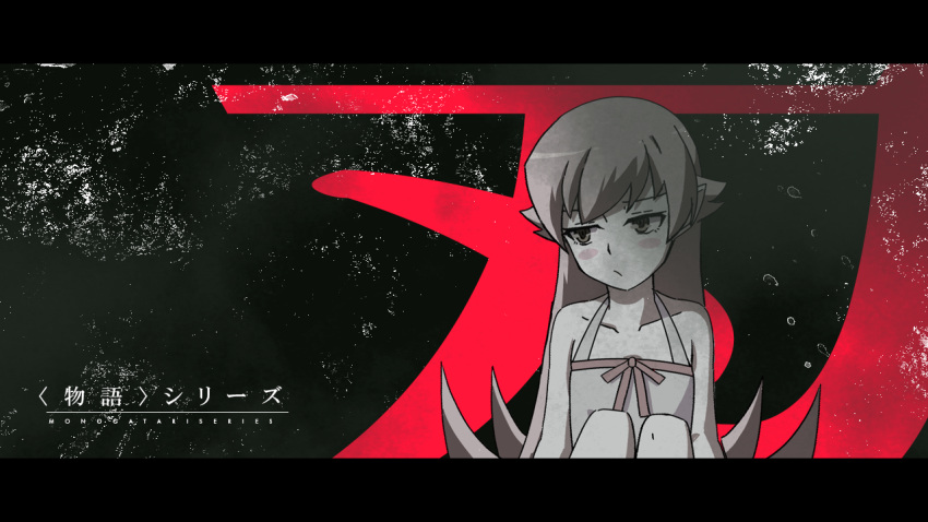 1girl apron arms_at_sides bare_arms bare_legs black_border blonde_hair blush_stickers border bow_apron closed_mouth clouds cloudy_sky collarbone copyright_name dark_cloud feet_out_of_frame flat_chest flipped_hair grey_eyes grey_hair grey_theme hair_flaps halterneck jitome kanji_focus knees_up letterboxed light_frown long_hair looking_to_the_side mold monogatari_(series) oshino_shinobu overcast pointy_ears sitting sky solo sonikkusupin upper_body very_long_hair white_apron