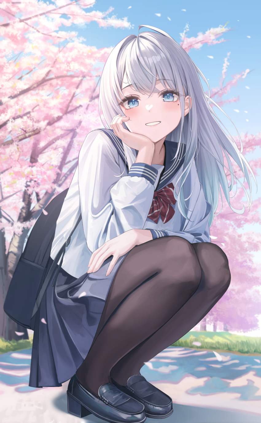 1girl absurdres arm_support bag black_collar black_footwear black_pantyhose blue_eyes blue_skirt bow bowtie cherry_blossoms collar fujizarashi hand_on_own_thigh highres loafers long_hair long_sleeves looking_away mole mole_under_eye open_mouth original outdoors pantyhose pleated_skirt sailor_collar school_bag school_uniform shirt shoes sitting skirt sky smile thighs white_hair white_shirt