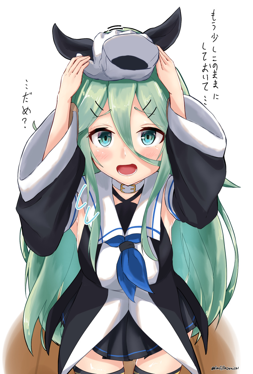 1boy 1girl absurdres black_ribbon black_serafuku blue_eyes blue_neckerchief blush breasts detached_sleeves green_eyes green_hair green_neckerchief hair_between_eyes hair_flaps hair_ornament hair_ribbon hairclip hand_on_another's_head headpat highres kantai_collection long_hair looking_at_another medium_breasts military military_uniform naval_uniform neckerchief open_mouth osmium-76 pleated_skirt ponytail ribbon school_uniform serafuku skirt thigh-highs uniform yamakaze_(kancolle)