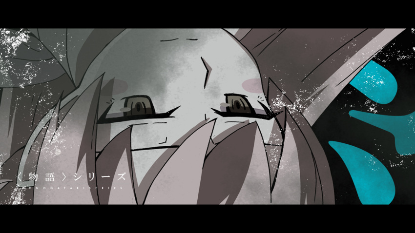 1girl aqua_background black_background black_border blonde_hair blush_stickers border close-up closed_mouth copyright_name expressionless grey_eyes hair_between_eyes halterneck long_hair monogatari_(series) oshino_shinobu pointy_ears ringed_eyes sidelocks solo sonikkusupin stain two-tone_background upside-down