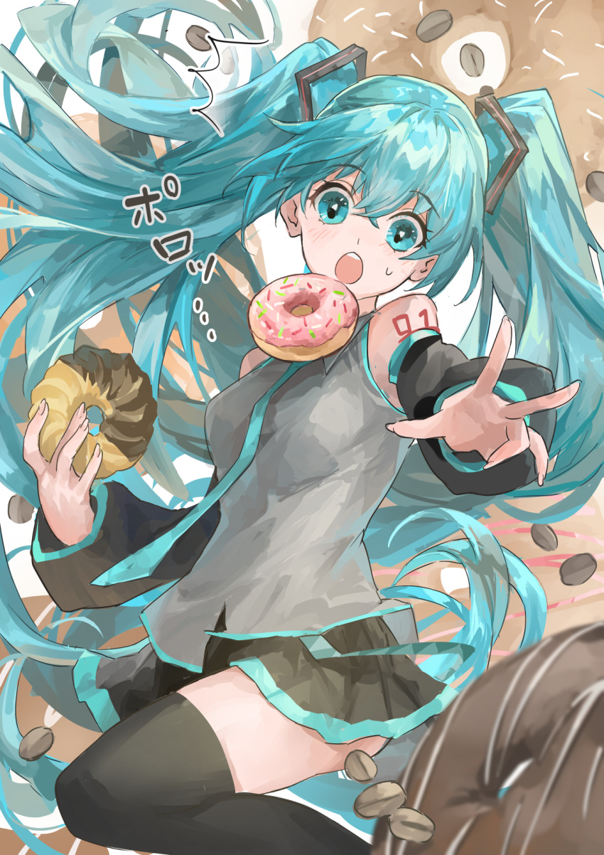 1girl :o aqua_eyes aqua_hair aqua_necktie bare_shoulders black_skirt black_sleeves black_thighhighs coffee_beans commentary cowboy_shot detached_sleeves doughnut dropping floating_hair food food-themed_background foreshortening french_cruller grey_shirt hair_ornament hatsune_miku highres himukai_aoi holding holding_food long_hair looking_at_viewer miniskirt necktie open_mouth outstretched_arm pleated_skirt reaching_towards_viewer shirt shoulder_tattoo skirt sleeveless sleeveless_shirt smile solo sprinkles sweat tattoo teeth thigh-highs translated twintails upper_teeth_only variant_set very_long_hair vocaloid