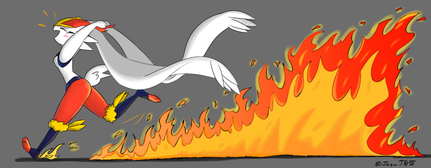 >_< 1girl animal_ears animal_feet animal_hands animal_nose arms_up artist_name blue_fur body_fur breasts buck_teeth cinderace closed_eyes commentary dynamax english_commentary from_side full_body furry furry_female gigantamax gigantamax_cinderace grey_background happy j.jama leg_up motion_lines multicolored_fur open_mouth outstretched_arms pokemon pokemon_(creature) profile rabbit_ears rabbit_girl rabbit_tail red_fur red_hair running short_hair short_tail signature simple_background small_breasts smile solo standing standing_on_one_leg tail teeth toes_up twitter_username white_fur yellow_fur