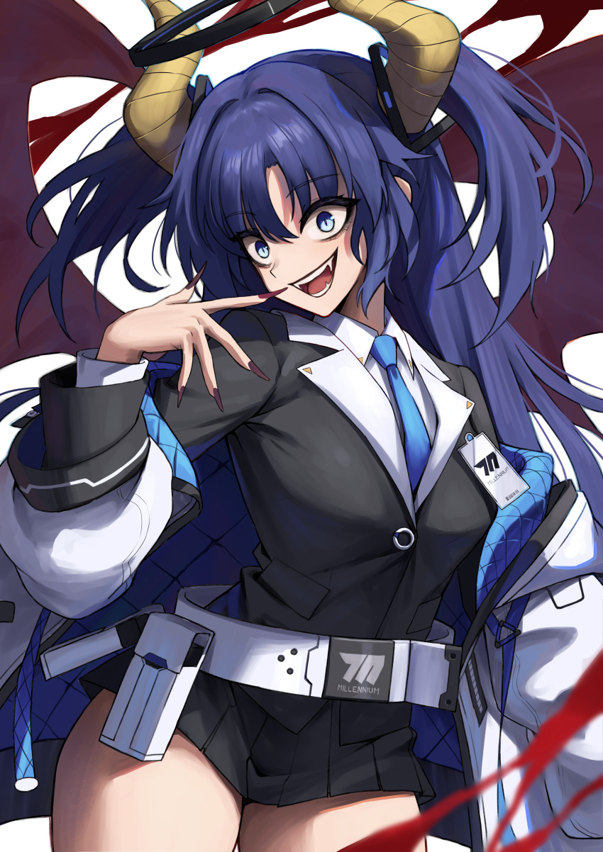 1girl :d absurdres belt blazer blue_archive blue_eyes blue_necktie coat collared_shirt commentary_request crazy_eyes crazy_smile demon_girl demon_horns demon_wings eyes_visible_through_hair fangs fingernails hair_between_eyes hair_ornament halo highres horns id_card jacket karadborg long_hair long_sleeves looking_at_viewer necktie open_clothes open_coat parted_bangs pleated_skirt purple_hair school_uniform sharp_fingernails shirt sidelocks simple_background skirt smile solo two-sided_coat two_side_up white_background white_coat wide-eyed wings yuuka_(blue_archive)