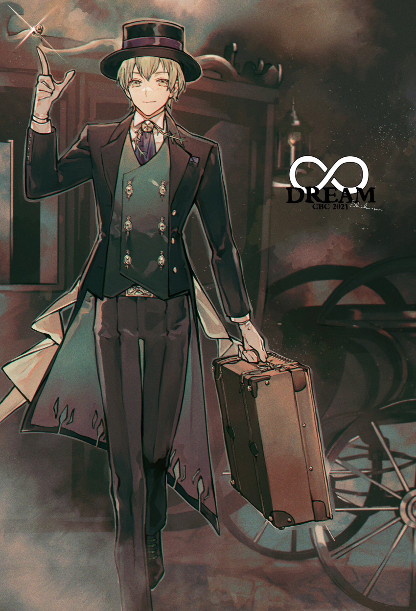 1boy albino_(a1b1n0623) bag belt_buckle black_coat black_footwear black_headwear black_pants blue_necktie briefcase brooch buckle buttons carriage coat coin collared_shirt david_(fate) david_(infinity_dream)_(fate) double-breasted fate/grand_order fate_(series) foot_out_of_frame formal glint gloves green_eyes green_hair green_vest hair_between_eyes hat highres holding holding_bag holding_briefcase index_finger_raised infinity jewelry light_particles looking_at_viewer male_focus necktie official_alternate_costume open_clothes open_coat oxfords pants shirt shoes short_hair smile smoke solo top_hat vest walking white_gloves white_shirt