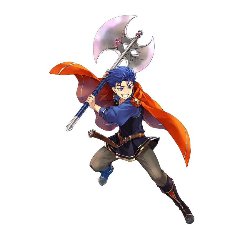 1boy aged_down axe black_footwear brown_pants cape collarbone fire_emblem fire_emblem:_the_blazing_blade fire_emblem_heroes hector_(fire_emblem) holding holding_axe official_alternate_costume official_art pants red_cape smile solo teeth v-shaped_eyebrows