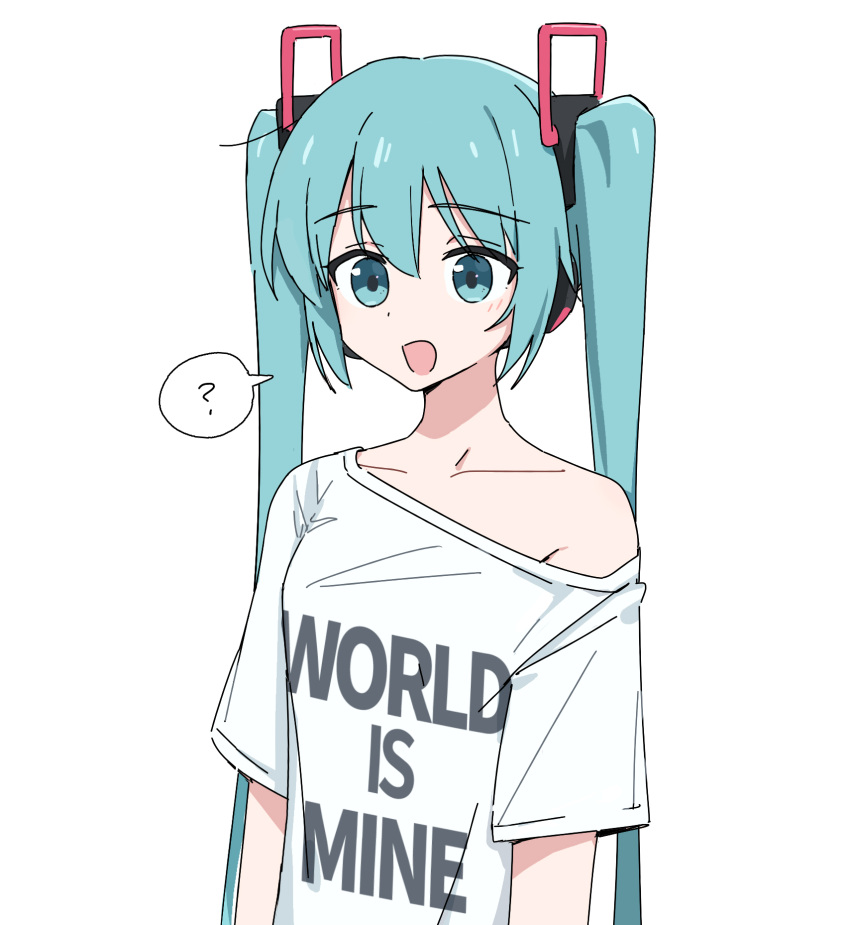 1girl ? aqua_eyes aqua_hair bocchi_the_rock! clothes_writing comedy commentary english_text hair_ornament hatsune_miku hatsune_miku_(vocaloid4) headphones highres long_hair off_shoulder open_mouth parody parody_request shirt short_sleeves single_bare_shoulder solo spoken_question_mark style_parody t-shirt tanosii_chan twintails upper_body v4x very_long_hair vocaloid white_background white_shirt